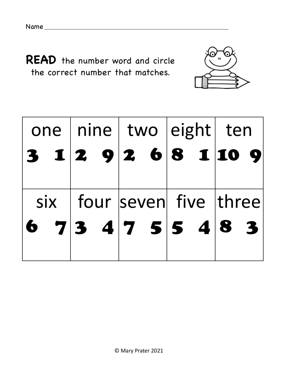 Number word recognition practice: read each word from one through ten and circle its matching numeral