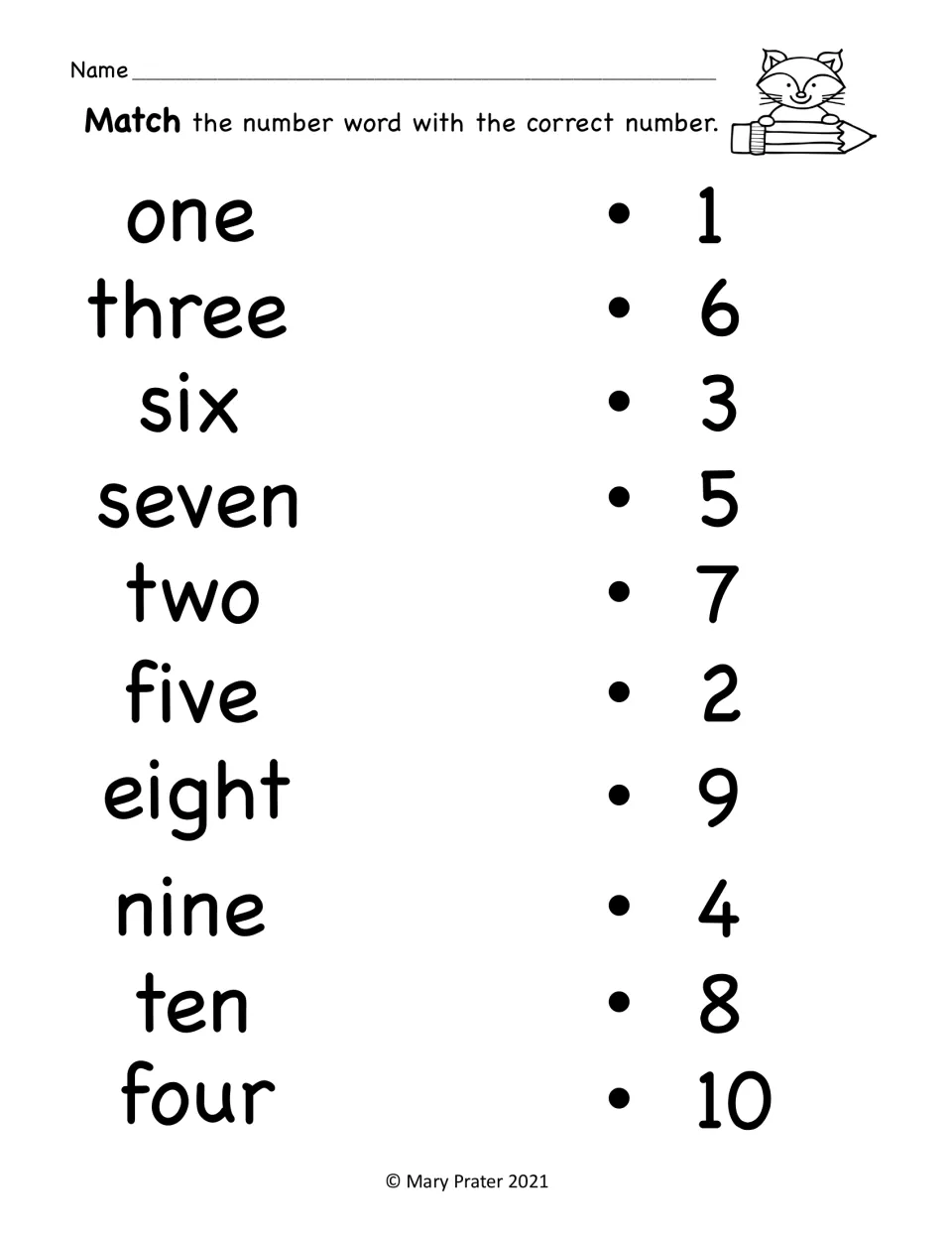 Number word matching review: connect one, three, six, seven, two, five, eight, nine, ten, and four to numerals