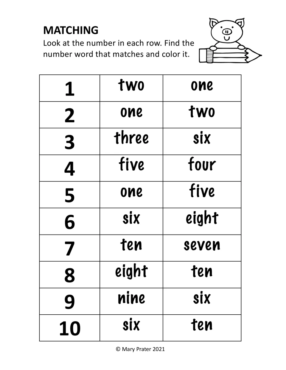 Number word recognition practice: find and color the matching word for each numeral from 1 through 10