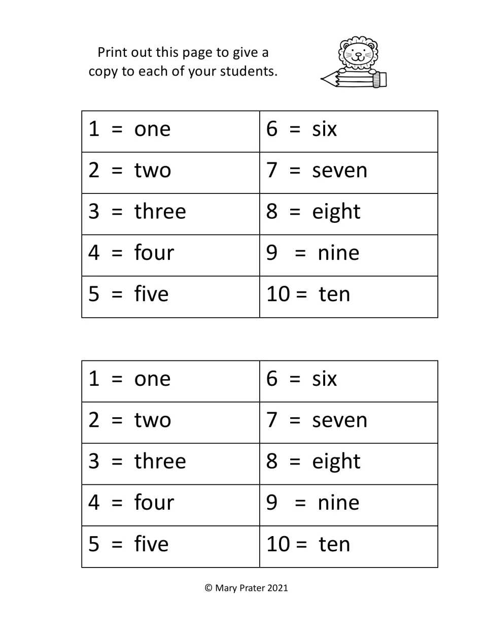 Student reference chart pairing numerals 1–10 with words one through ten, printed twice for student copies