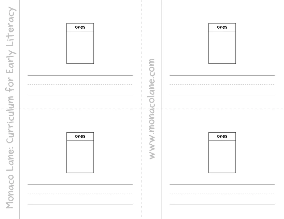 Ones place mini-book pages: students record a one-digit number in the ones place, then write its number word below it