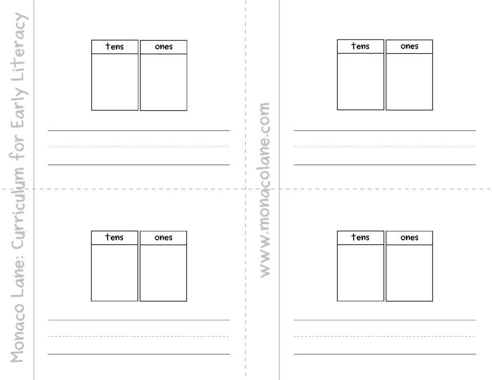 Tens and ones mini-book pages: students record a two-digit number by place value, then write it in words, like twenty-eight