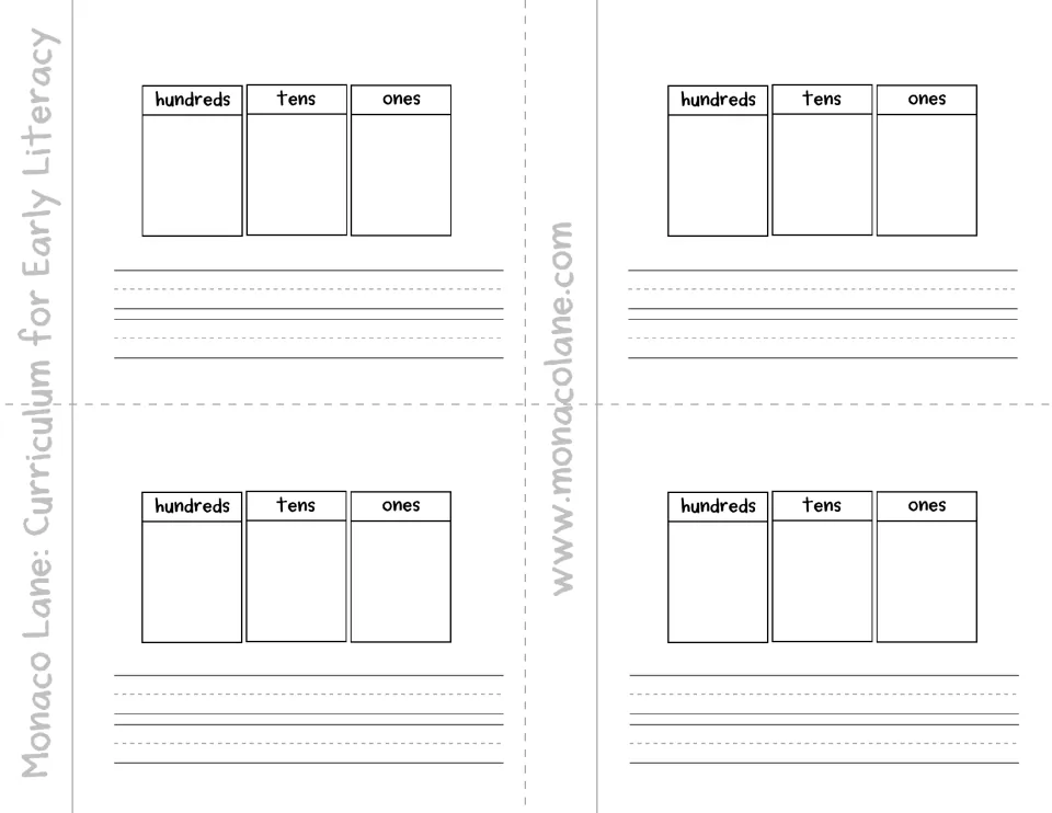 Hundreds, tens and ones mini-book pages: students record a three-digit number by place, then write its number name in words