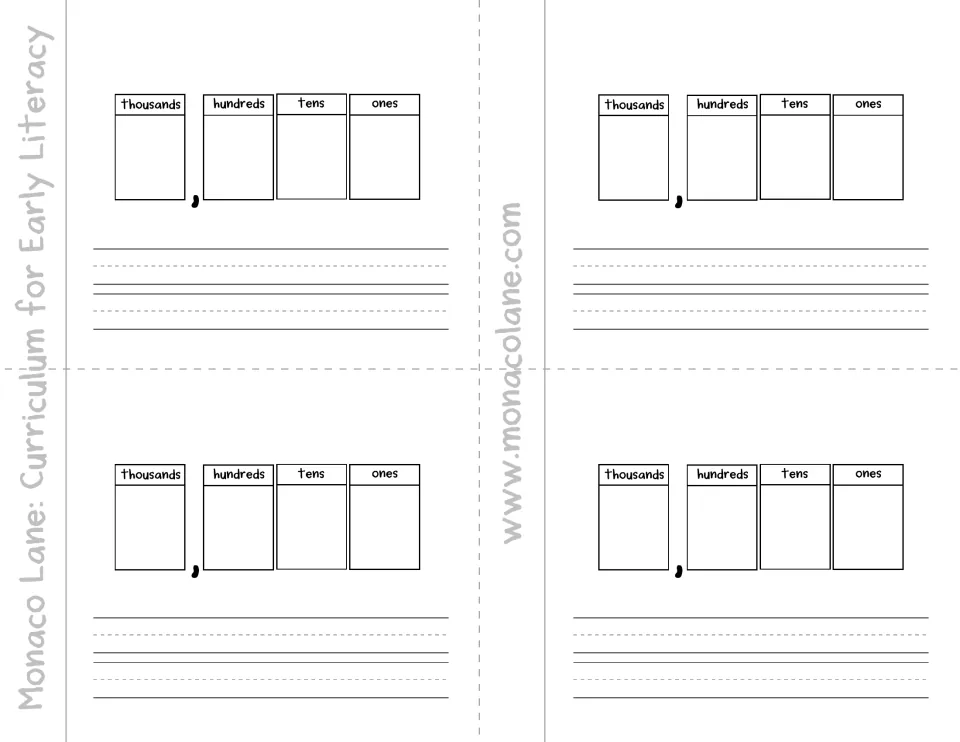Thousands mini-book pages: students record a four-digit number with a comma after the thousands, then write it in words