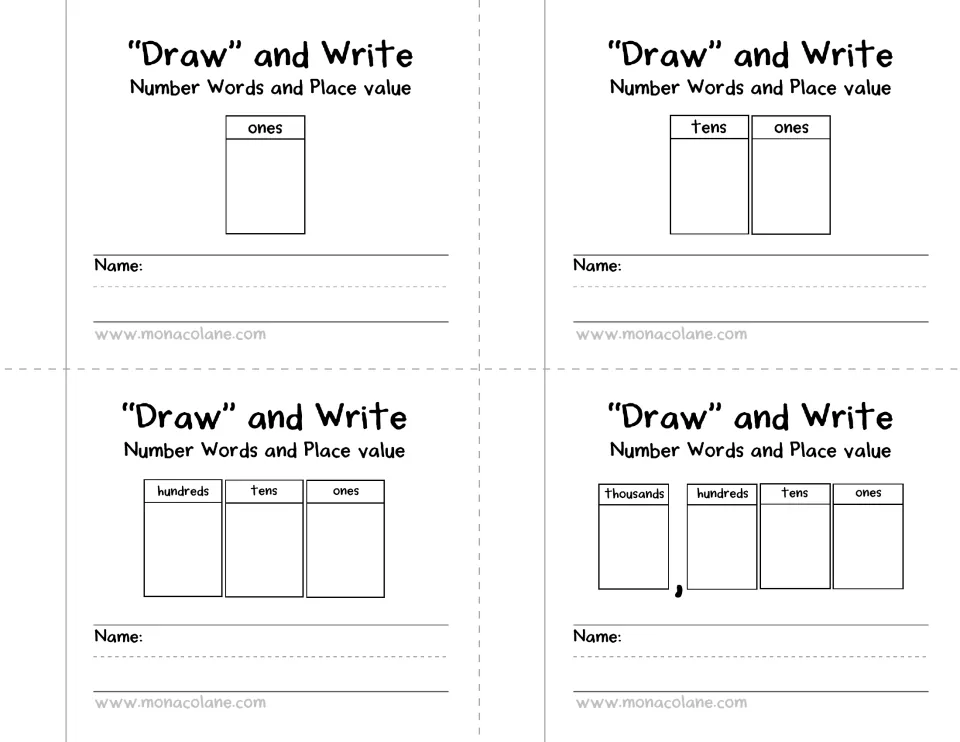 Four "Draw" and Write booklet covers, one each for ones, tens, hundreds and thousands levels, with a Name line to fill in