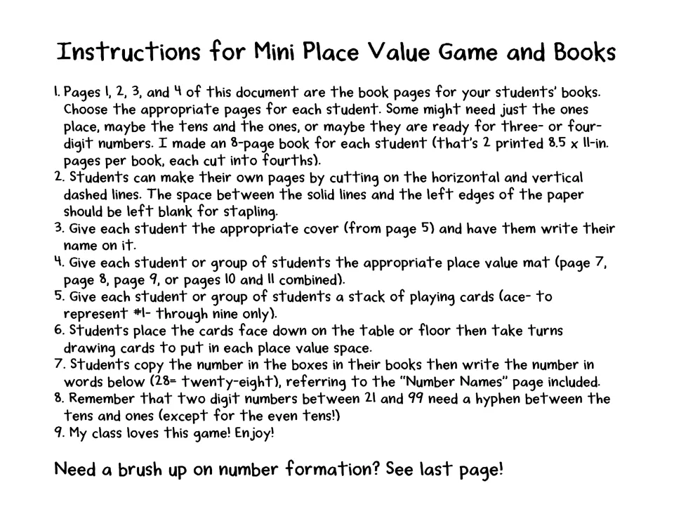 Teacher instructions for the mini place value game: students draw playing cards, build numbers and write them in words