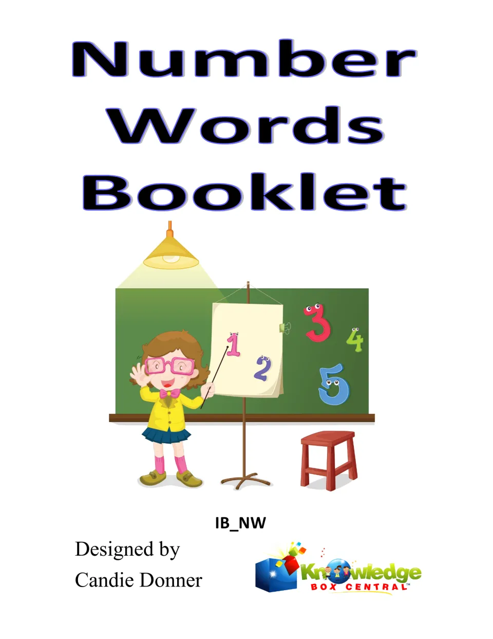 Number Words Booklet cover by Candie Donner: a cartoon girl with a pointer shows numerals 1 to 5 on a classroom chalkboard