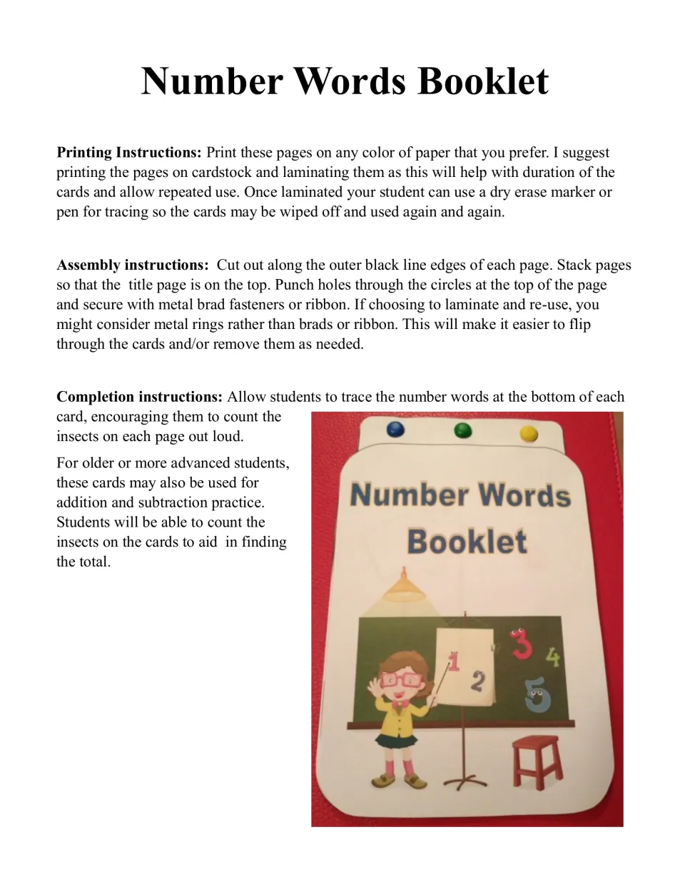 Booklet instructions: print on cardstock, laminate, punch and bind cards; students trace number words and count insects