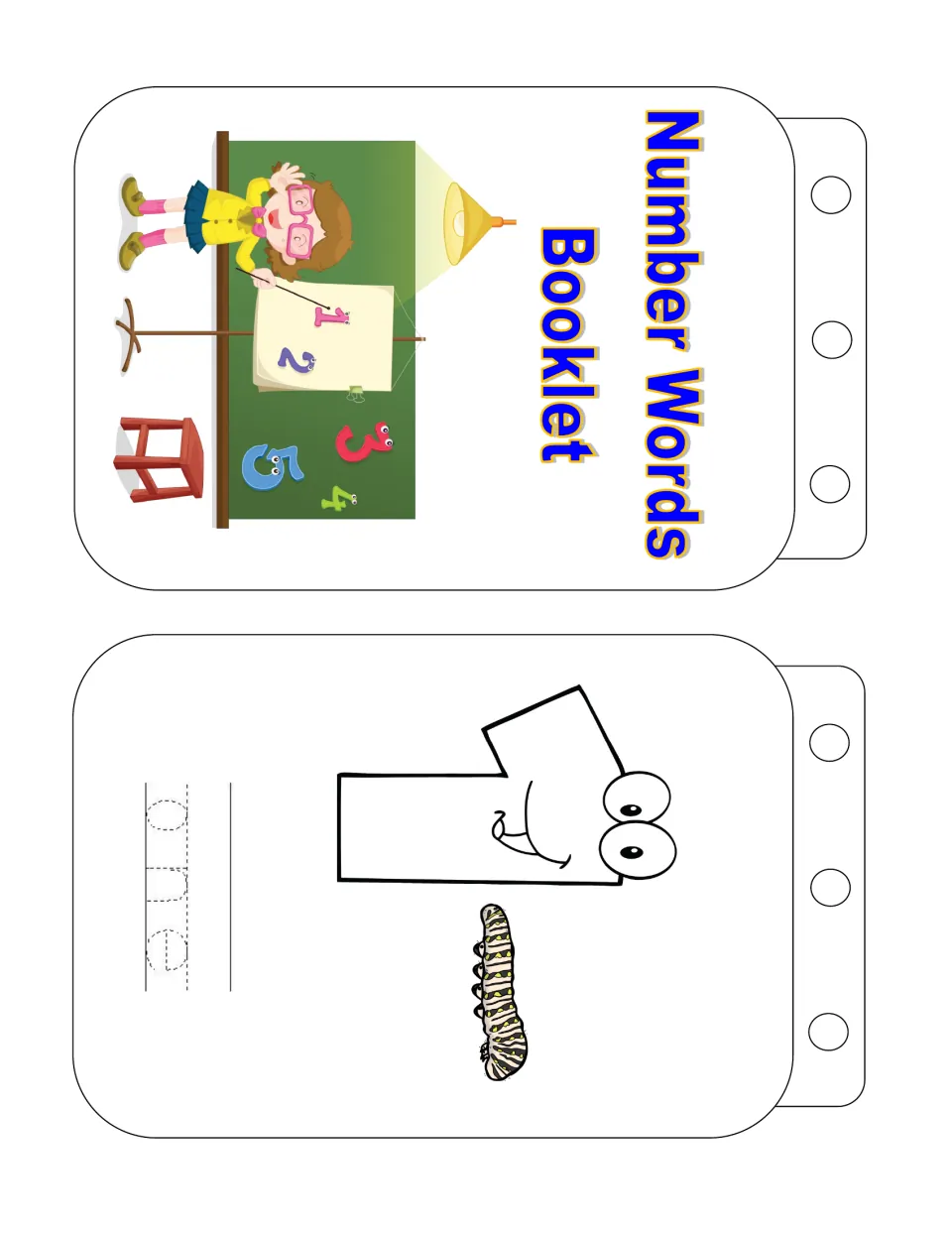 Number one card: students count one caterpillar beside a smiling numeral 1 and trace the word 'one'; also the title card