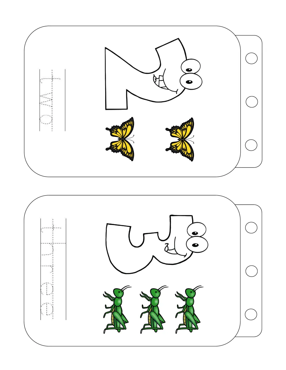 Number words two and three: students count 2 butterflies and 3 grasshoppers, then trace the dotted words 'two' and 'three'