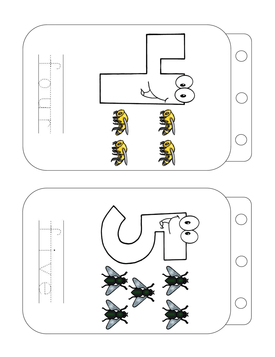 Number words four and five: students count 4 bees and 5 flies beside cartoon numerals and trace the words 'four' and 'five'