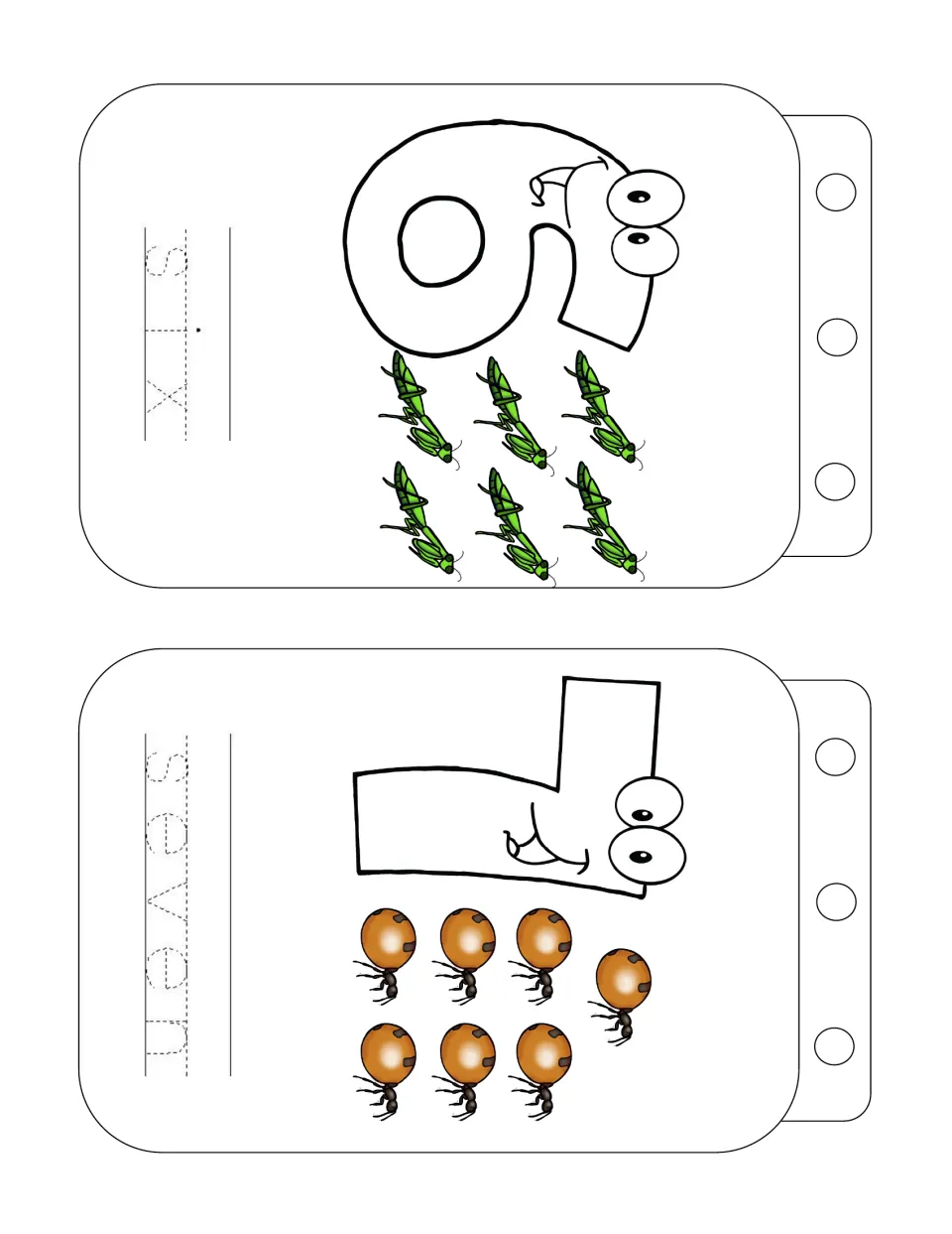 Number words six and seven: students count 6 praying mantises and 7 ants, then trace the dotted words 'six' and 'seven'