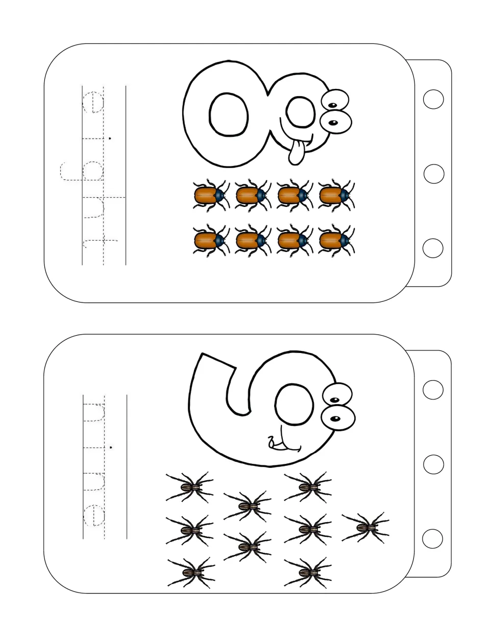 Number words eight and nine: students count 8 beetles and 9 spiders, then trace the dotted words 'eight' and 'nine'