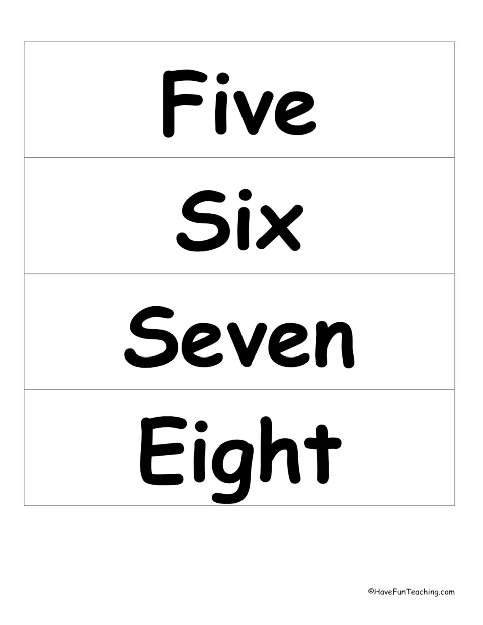 Number word wall cards 5–8 of 33: Five, Six, Seven, and Eight, for the classroom math vocabulary display.