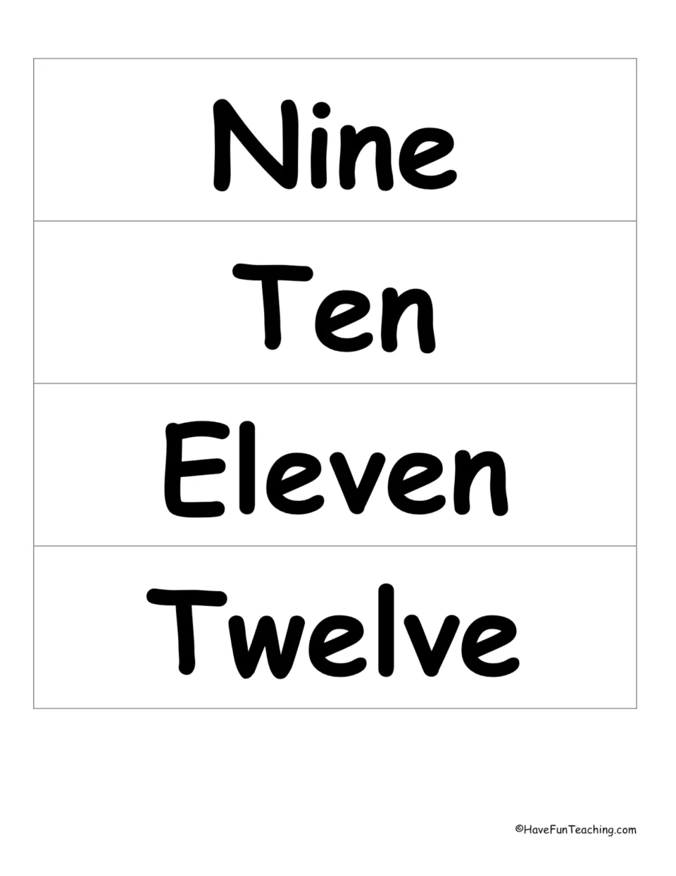 Number word wall cards 9–12 of 33: Nine, Ten, Eleven, and Twelve, for the classroom math vocabulary display.