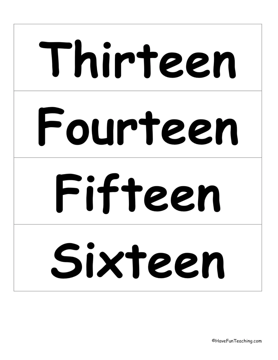 Number word wall cards 13–16 of 33: Thirteen, Fourteen, Fifteen, and Sixteen, for the math vocabulary display.