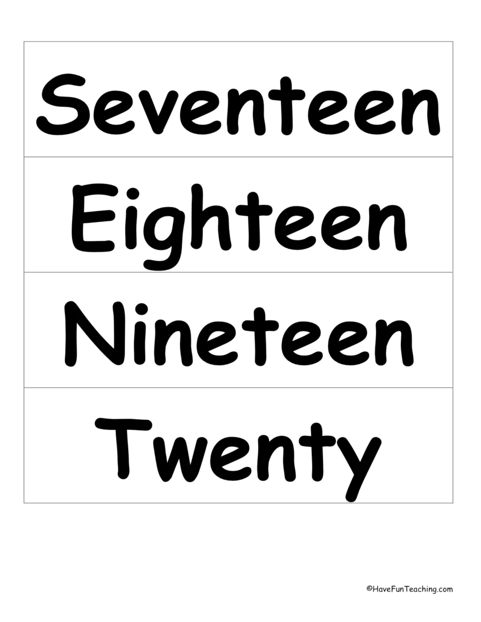 Number word wall cards 17–20 of 33: Seventeen, Eighteen, Nineteen, and Twenty, for the math vocabulary display.