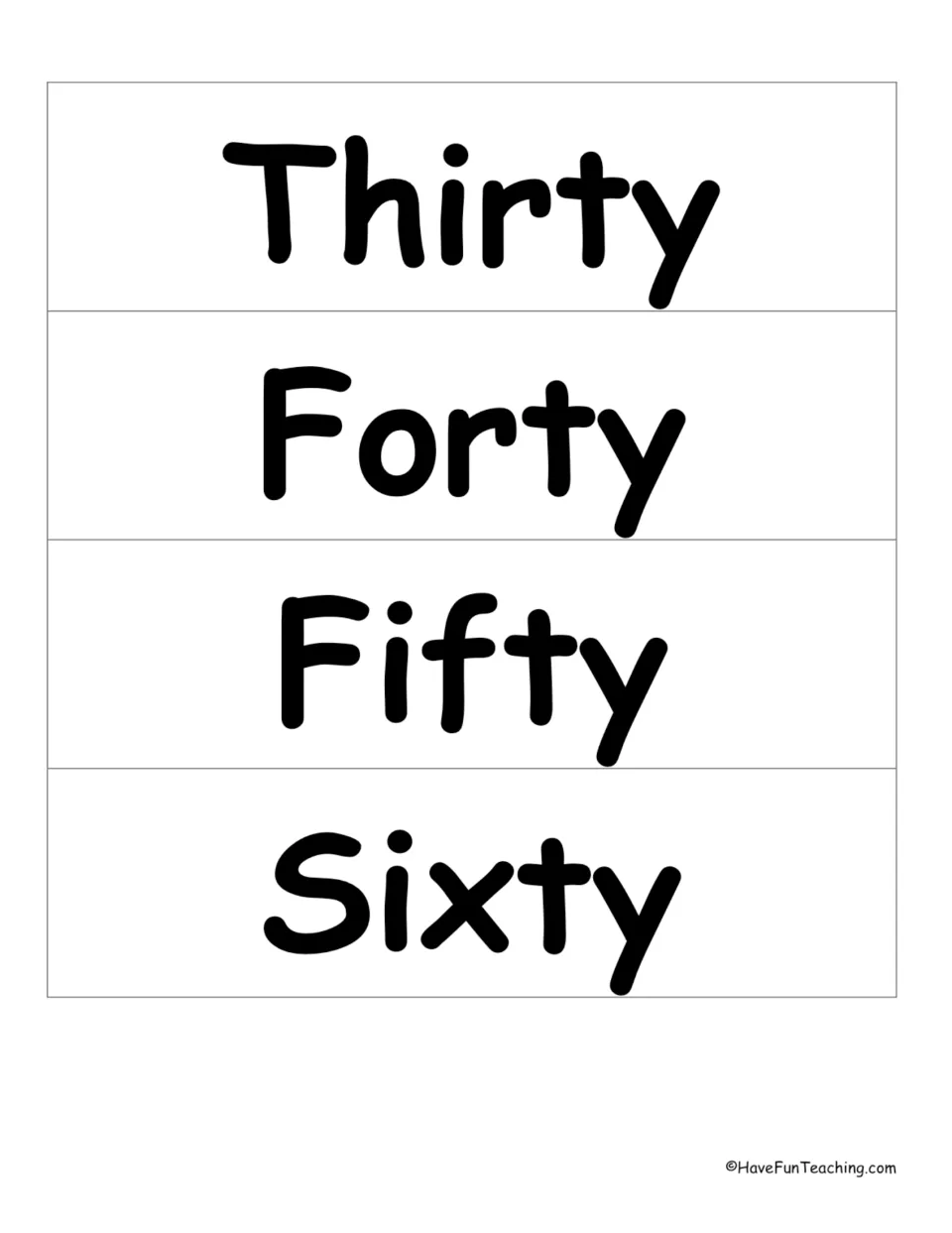 Number word wall cards 21–24 of 33: Thirty, Forty, Fifty, and Sixty, for the math vocabulary display.