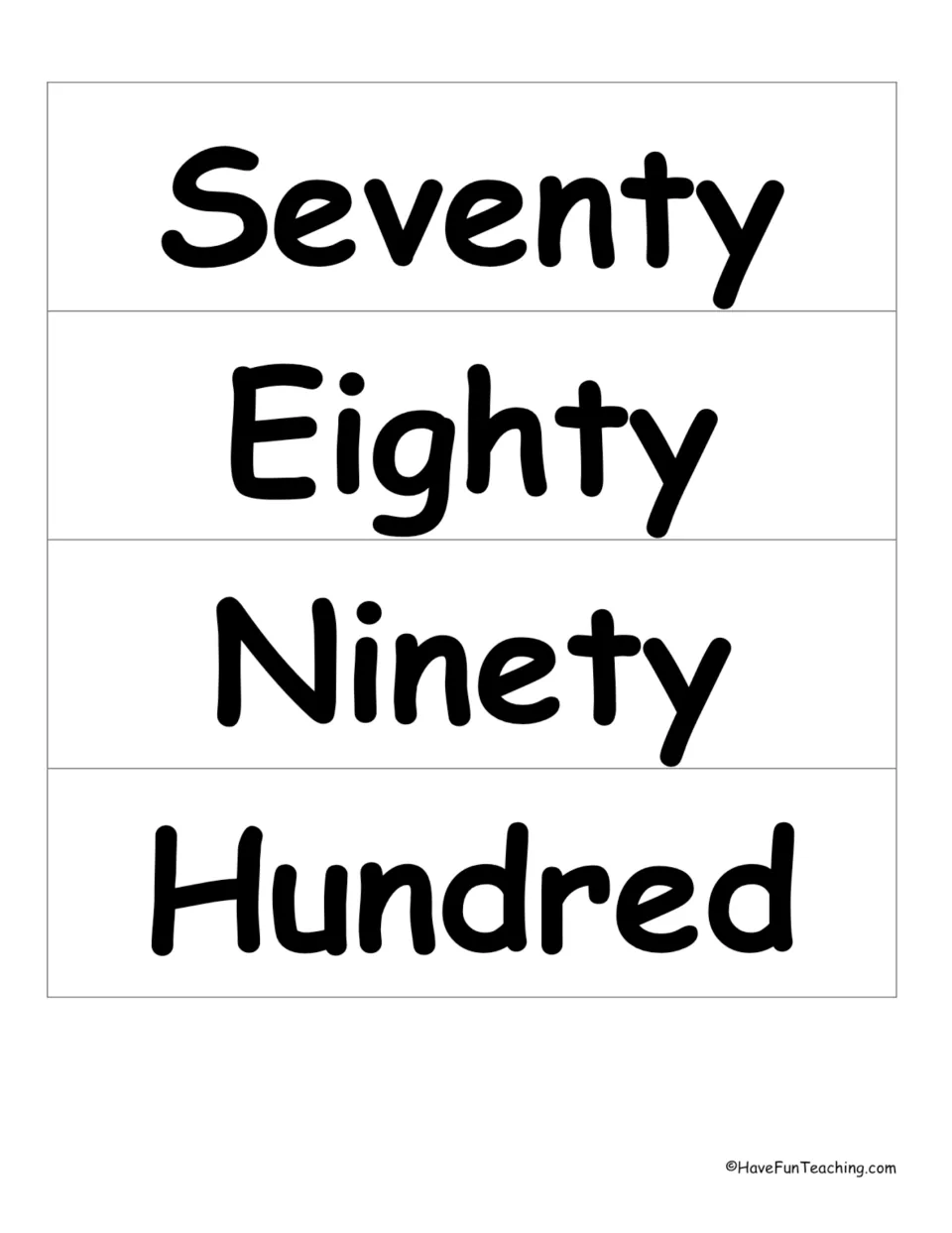 Number word wall cards 25–28 of 33: Seventy, Eighty, Ninety, and Hundred, for the math vocabulary display.