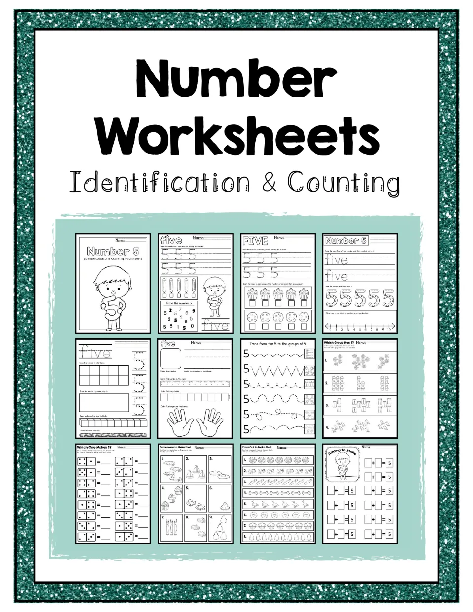 Number Worksheets cover, Identification & Counting, previewing 12 number 5 pages for tracing, counting and adding to 5