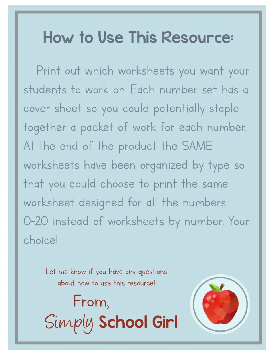 How to Use This Resource: print sets by number with a cover sheet, or print the same worksheet type for all numbers 0-20