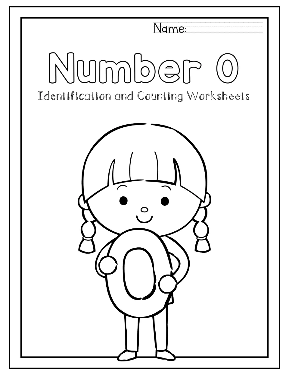 Number 0 cover sheet for identification and counting: a girl holds a large 0, ready for students to color and add a name