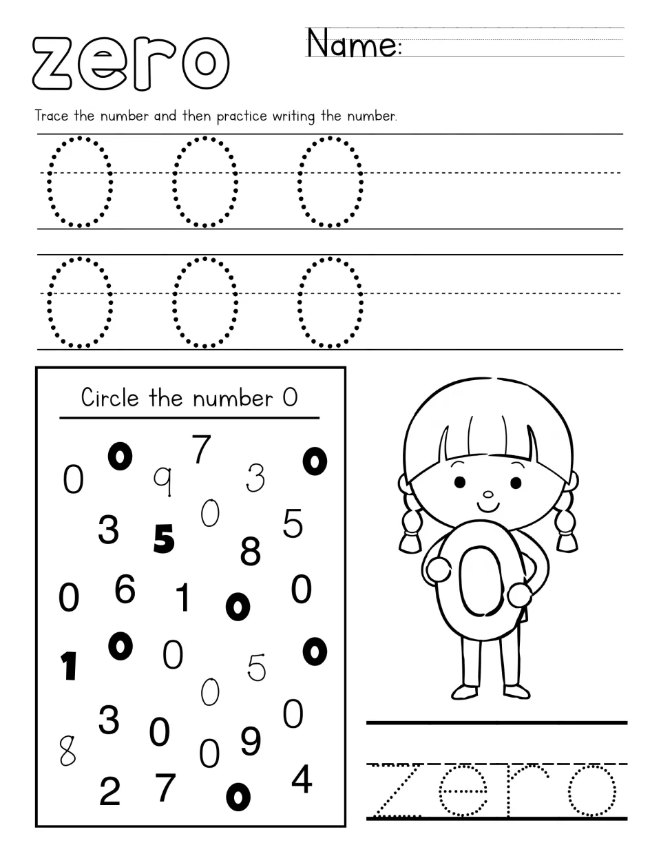 Zero number recognition: students trace and write 0, circle every 0 among mixed digits and trace the word zero