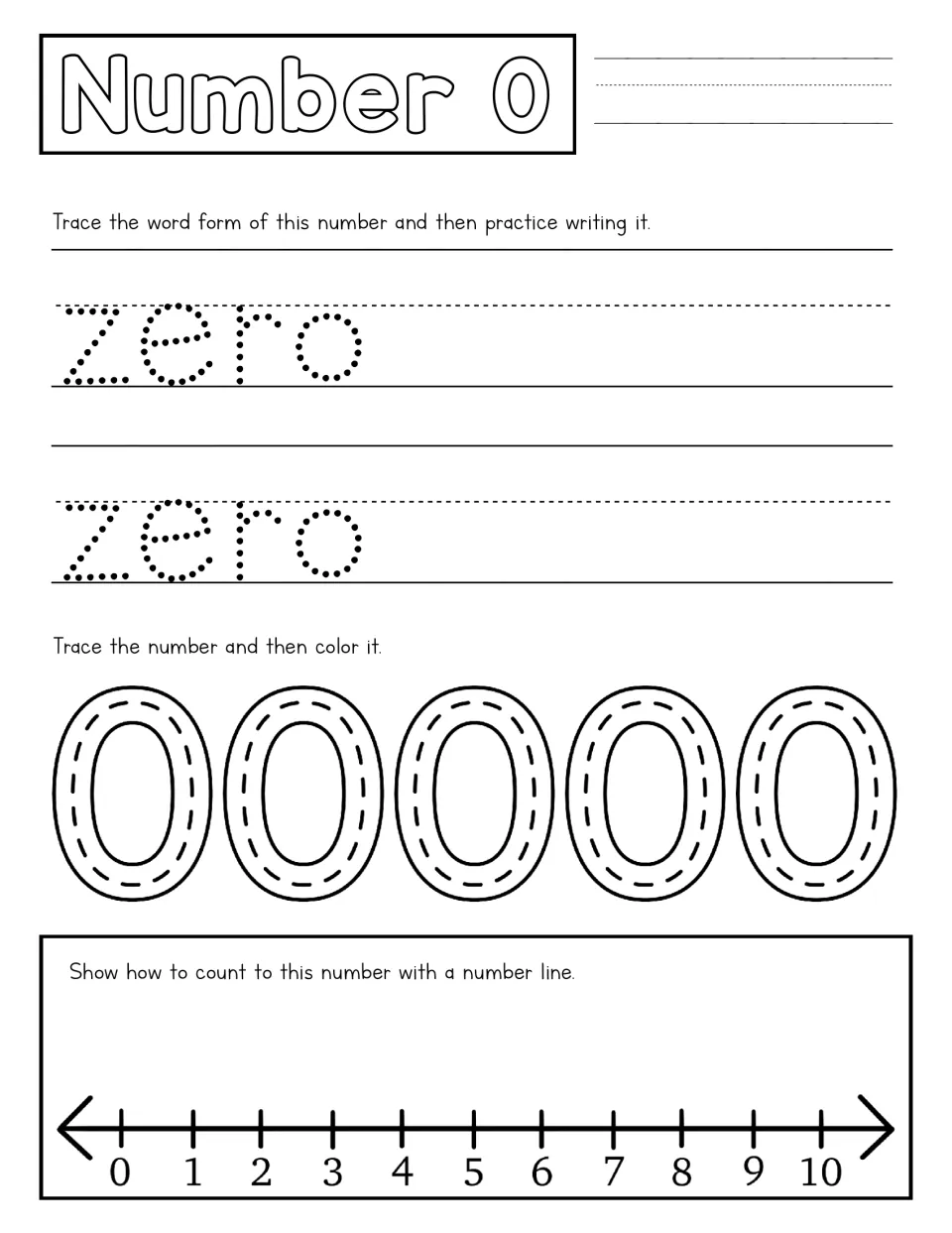 Number 0 practice: students trace the word zero, trace and color five bubble 0s, and show 0 on a number line from 0 to 10