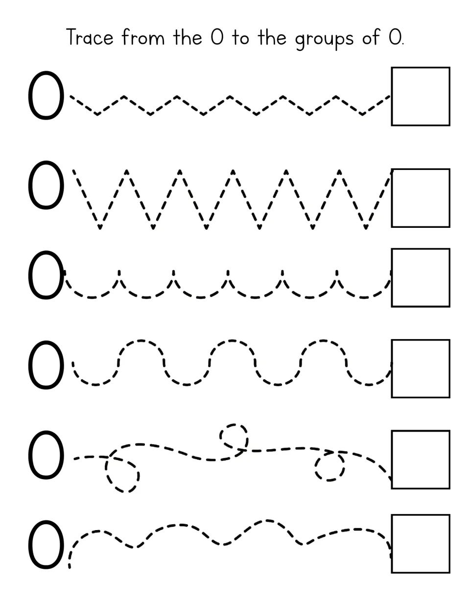 Trace from the 0 to the groups of 0: students follow six dotted zigzag, scallop and loop paths ending at empty groups