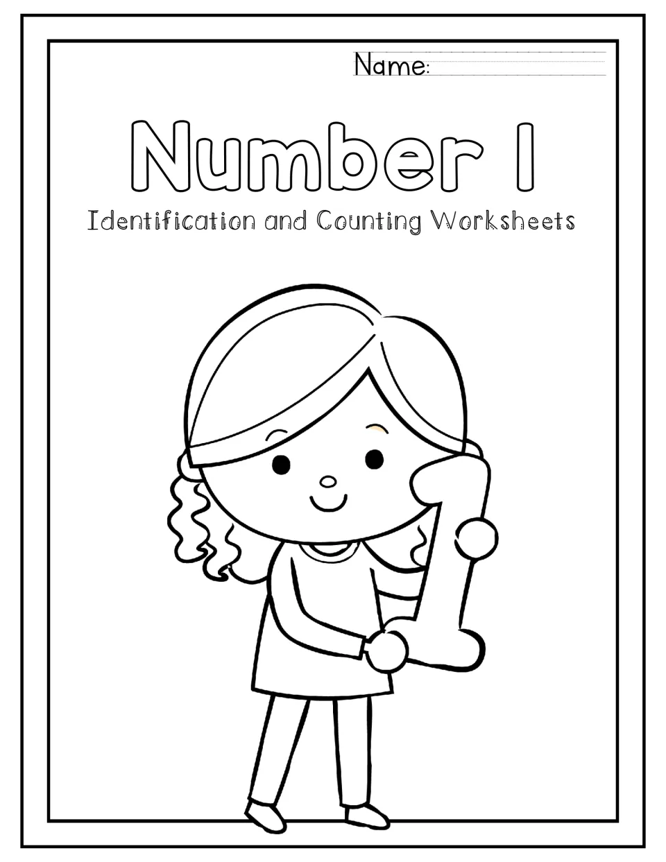 Number 1 cover sheet for identification and counting: a girl with curly hair holds a large 1 to color, with a name line