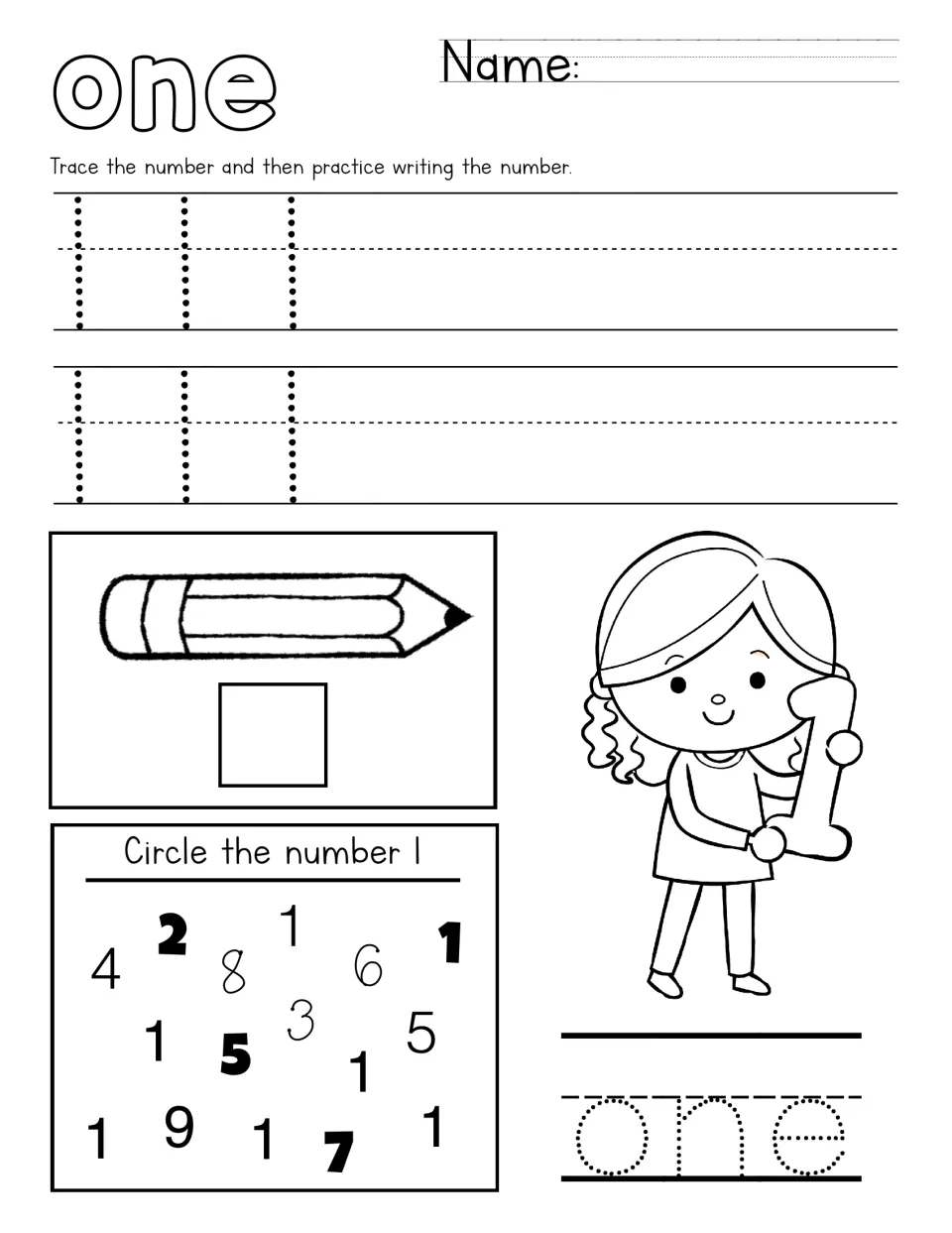 One number recognition: students trace and write 1, count one pencil, circle each 1 among digits and trace the word one