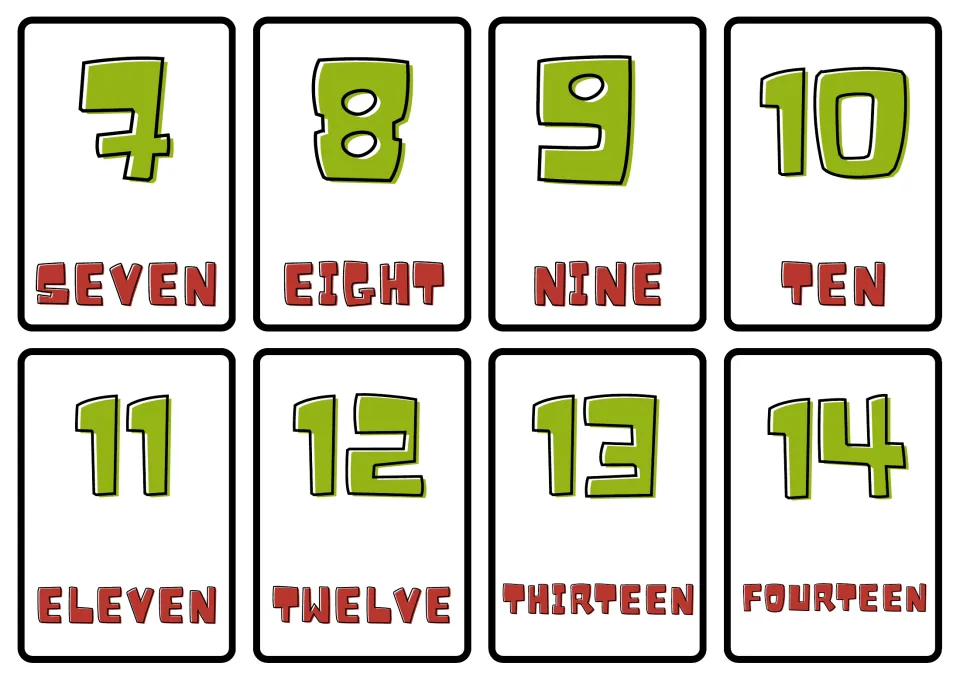 Number flash cards 7 to 14: each card shows a large green numeral above its English word, from seven through fourteen