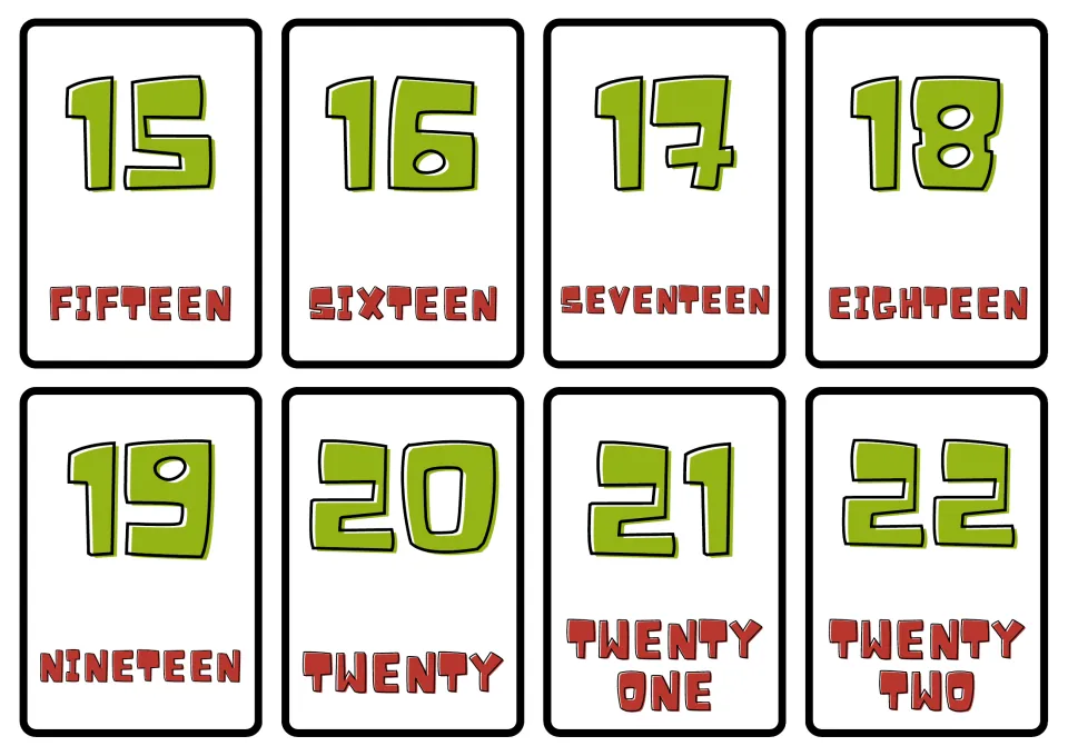 Number flash cards 15 to 22: numerals matched with English words fifteen to nineteen, then twenty, twenty one, twenty two