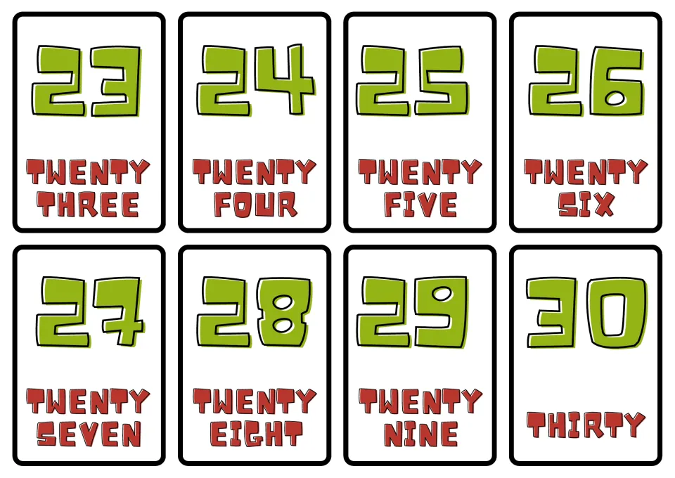 Number flash cards 23 to 30: numerals with two-word English names like twenty three and twenty nine, ending with thirty