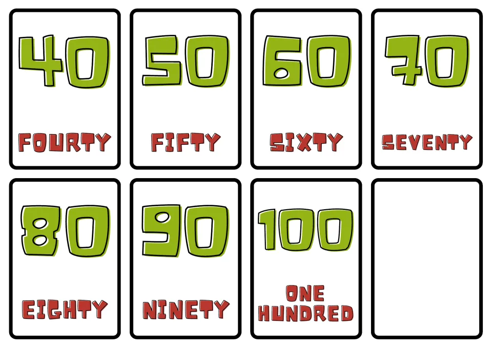 Number flash cards for tens 40 to 90 plus 100, each numeral with its English word (forty spelled fourty); one card blank