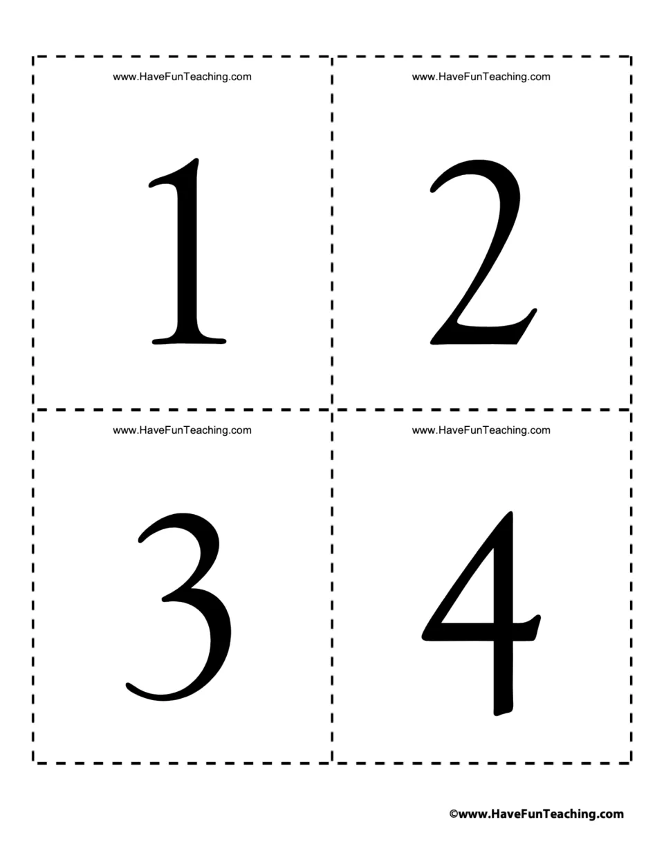 Number flash cards 1 to 4: four cut-apart cards, each showing one large numeral, for practising number recognition