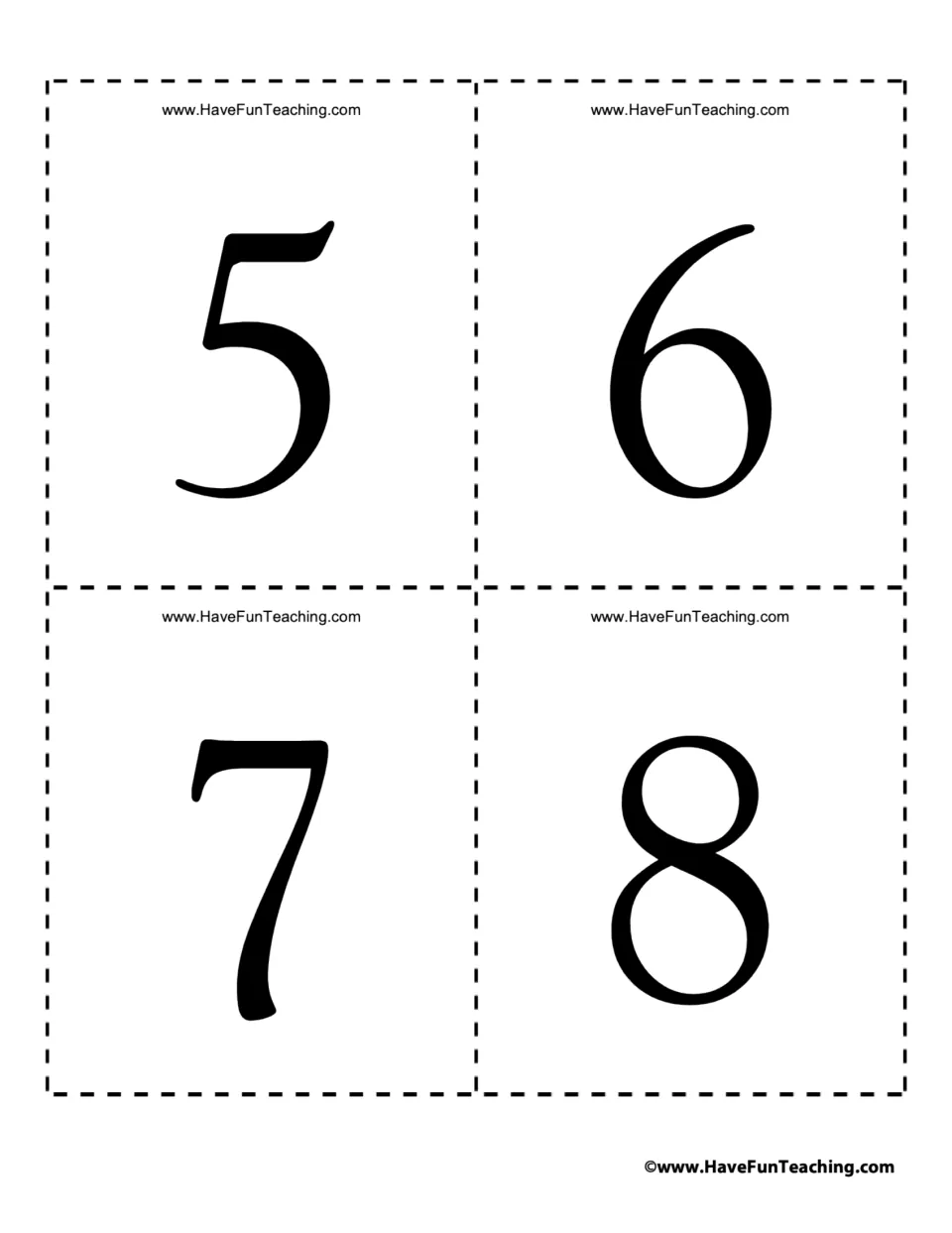 Numeral cards 5, 6, 7 and 8: students cut out and name each large printed number to build quick numeral recognition