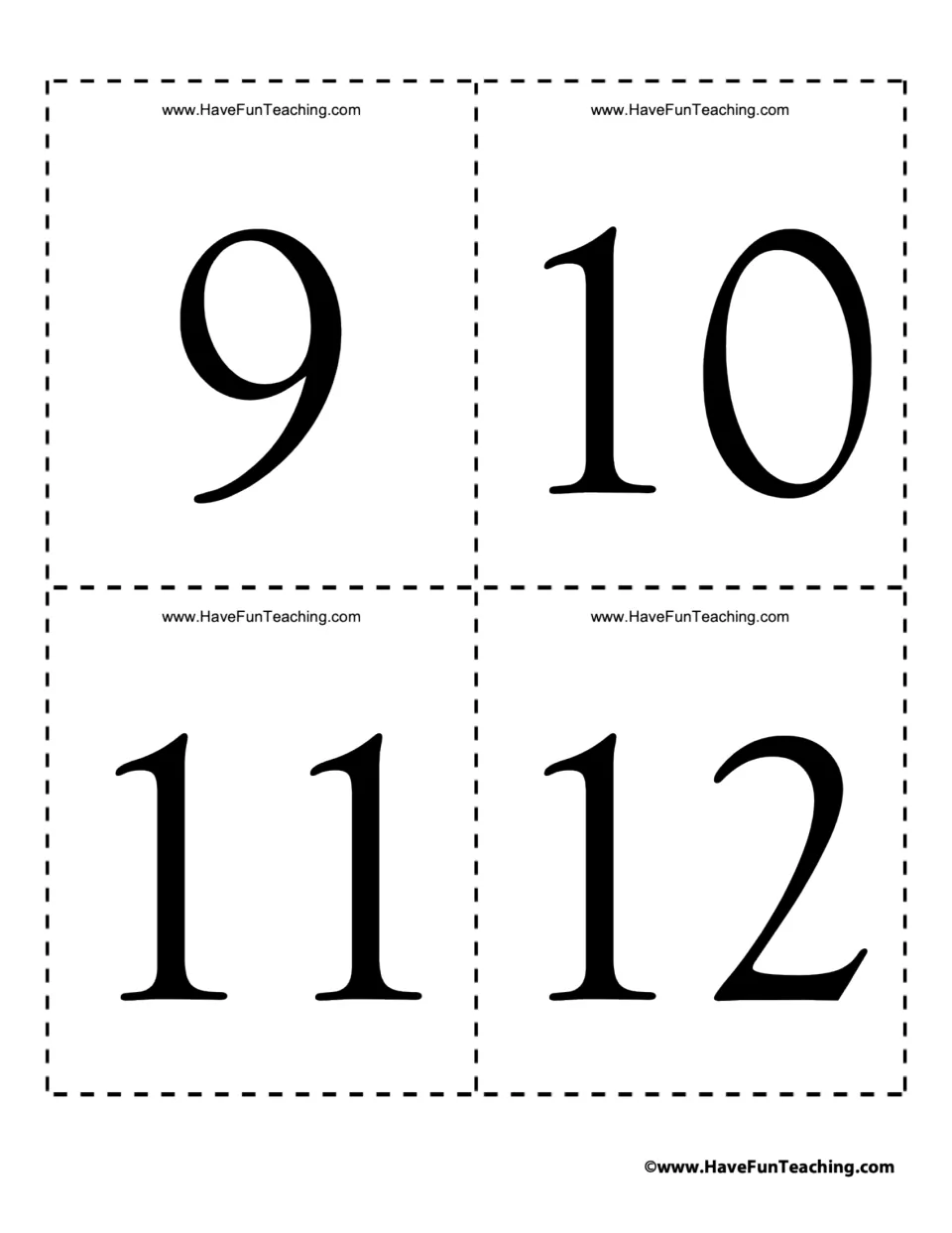Flash cards for 9 through 12: large single numbers to cut apart and read aloud, moving students into two-digit numerals