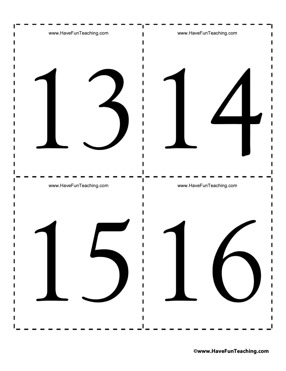 Teen number cards 13, 14, 15 and 16: students read each bold numeral aloud to practise identifying two-digit teen numbers