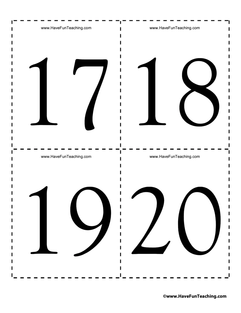 Number cards 17 to 20: four large numerals to cut out and use for counting on and putting numbers in order up to twenty