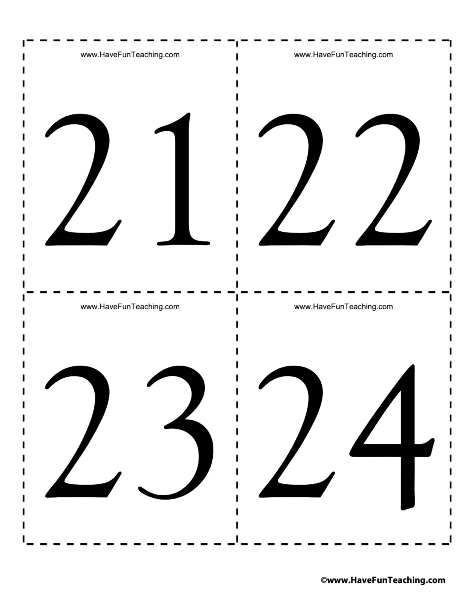 Cards for 21, 22, 23 and 24: bold two-digit numerals in the twenties for students to identify and say aloud in order