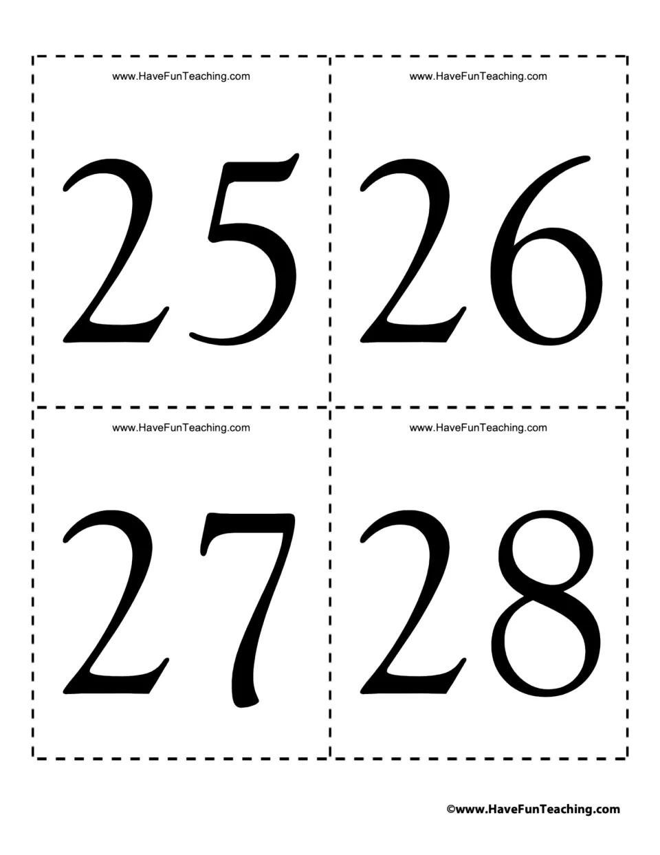 Numbers 25 through 28 on four flash cards: students name each numeral and notice the tens digit 2 staying the same