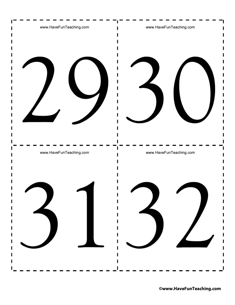 Flash cards 29, 30, 31 and 32: large numerals crossing from the twenties into the thirties for counting past a ten