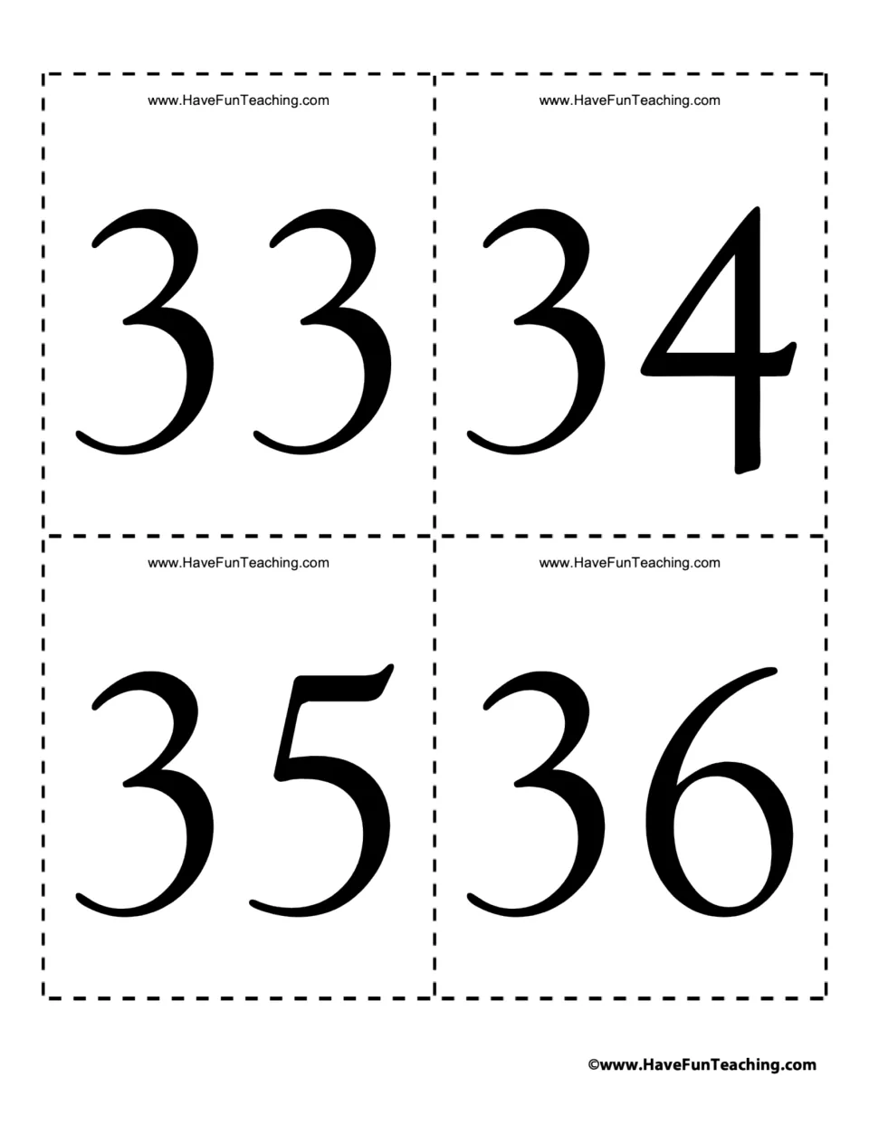 Numeral cards 33 to 36: four bold numbers in the thirties to cut apart for number identification and sequencing practice