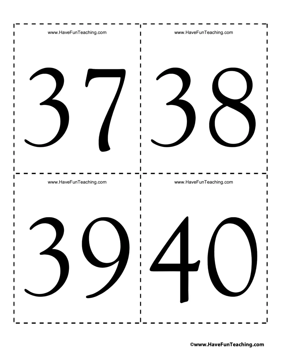 Cards showing 37, 38, 39 and 40: students read each large numeral and count on from the late thirties to the next ten, 40