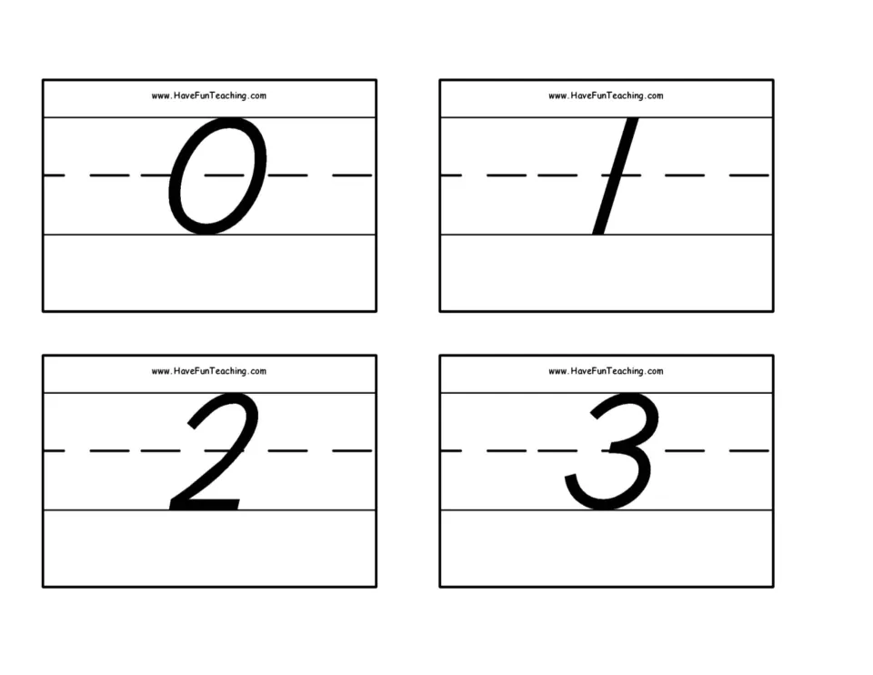 Number flash cards 1–4: numerals 0, 1, 2, and 3 for number recognition practice in the 0–50 set.