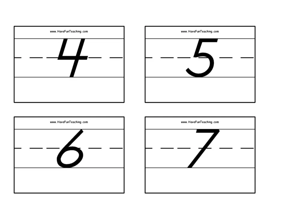 Number flash cards 5–8: numerals 4, 5, 6, and 7 for number recognition practice in the 0–50 set.