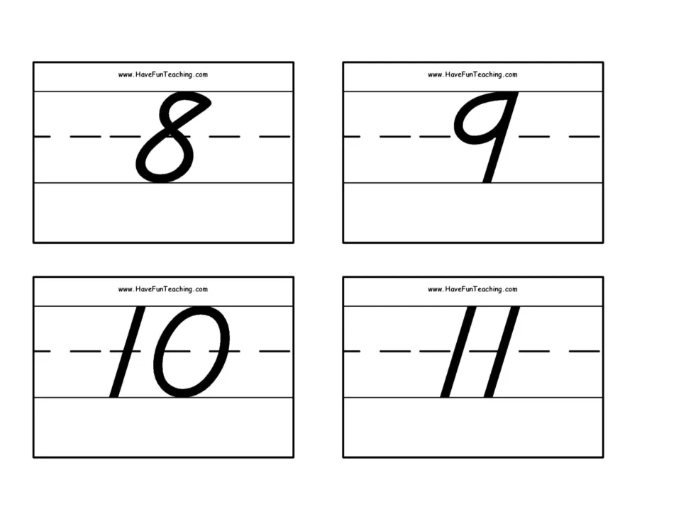 Number flash cards 9–12: numerals 8, 9, 10, and 11 for number recognition practice in the 0–50 set.