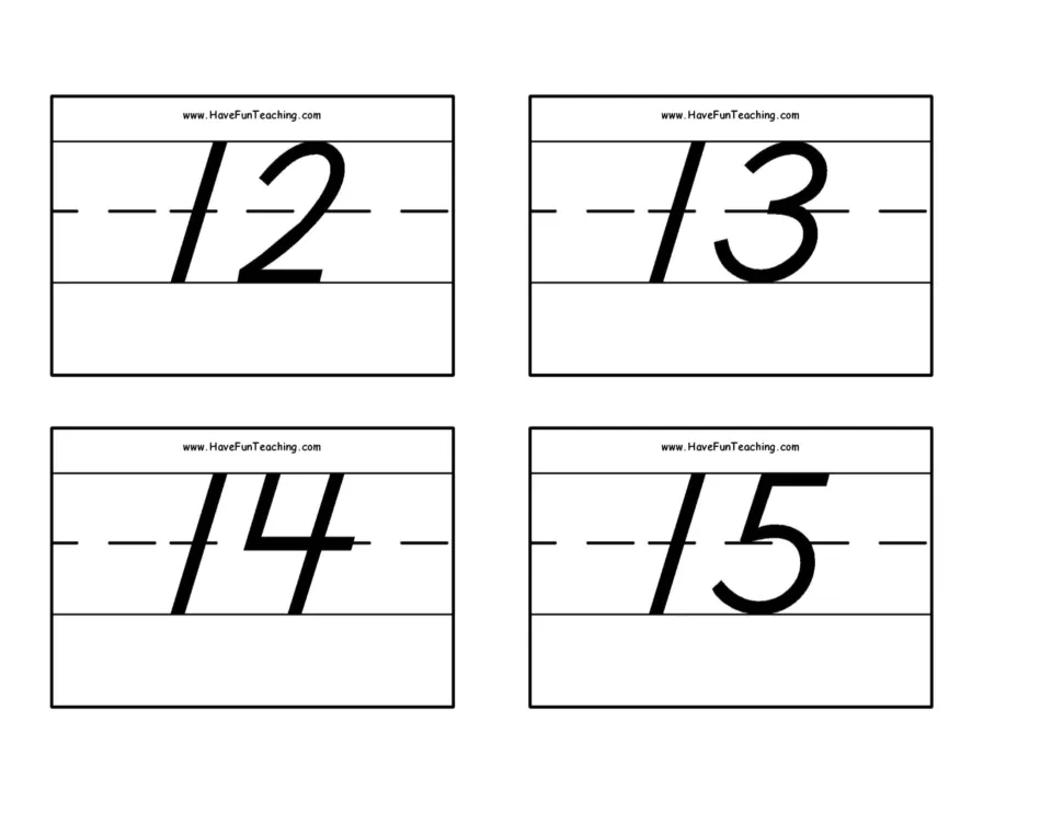 Number flash cards 13–16: numerals 12, 13, 14, and 15 for number recognition practice in the 0–50 set.