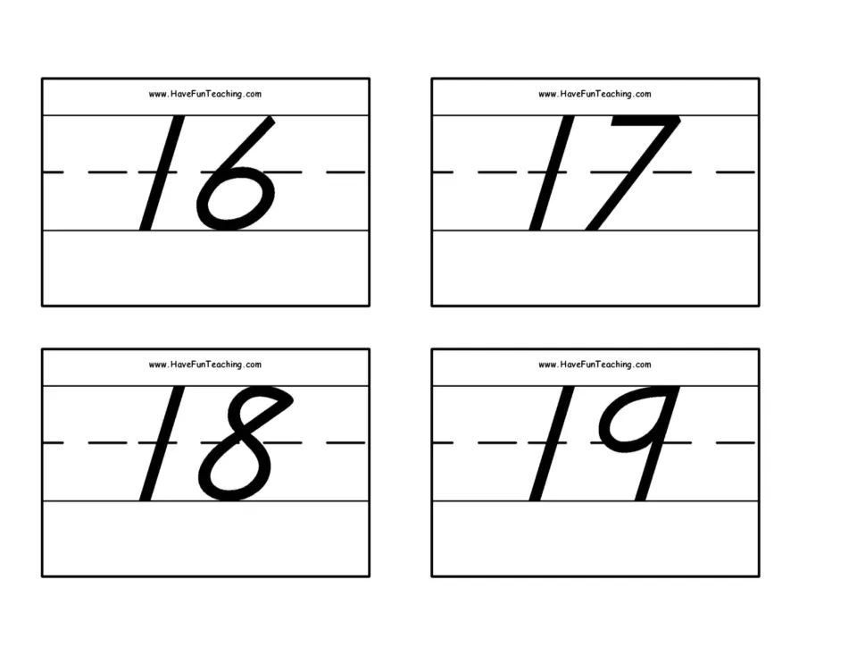 Number flash cards 17–20: numerals 16, 17, 18, and 19 for number recognition practice in the 0–50 set.